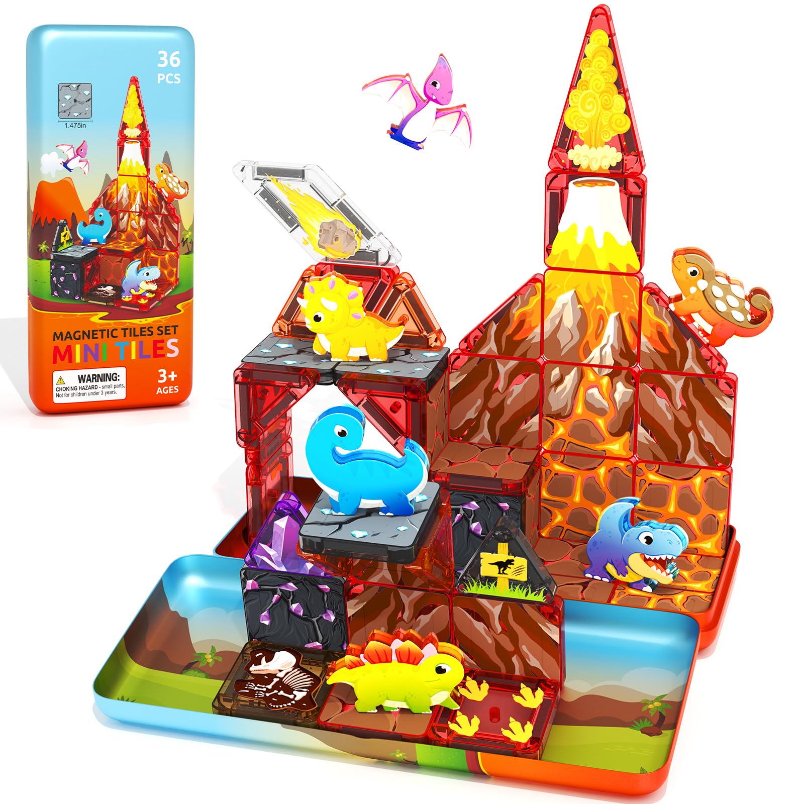 Minecftoy 36PCS Mini Magnetic Tiles Dinosaur Kids Toys with Case - Toddler Trave