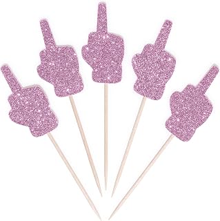 12 Glitter Middle Finger Cupcake Toppers - Funny Bachelorette Party Decorations, Divorce Party Supplies, Handmade Non-Edible Cake Toppers (Pink)