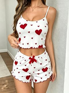 Womens 2 Piece Pyjamas Set Ribbed Tank Top & Shorts Heart Print Sleepwear Sleepwear for Home Relaxation Travel
