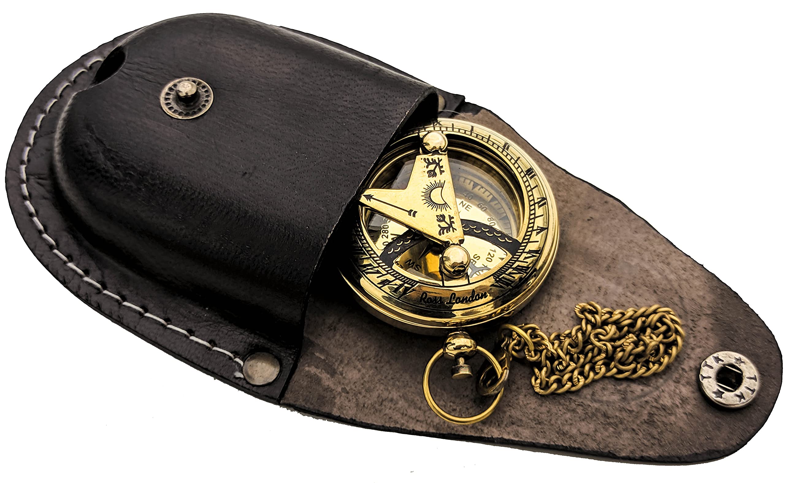 KNB HANDICRAFT Brass Sundial Compass with Leather Case and Chain - Push Open Com