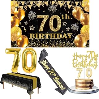 YeohJoy 70th Birthday Decorations for Men Women Black Gold | Luxury 70th Birthday Supplies - Easy Assembly with Banner, Balloons, Table Cloth, Sash, Cake Topper, Candles