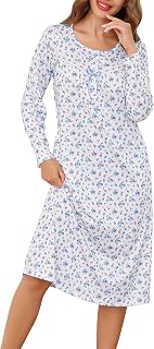 Lovasy Long Nightdresses for Women UK Cotton Button Front Ladies Nighties Long Sleeve Nightshirts with Pockets