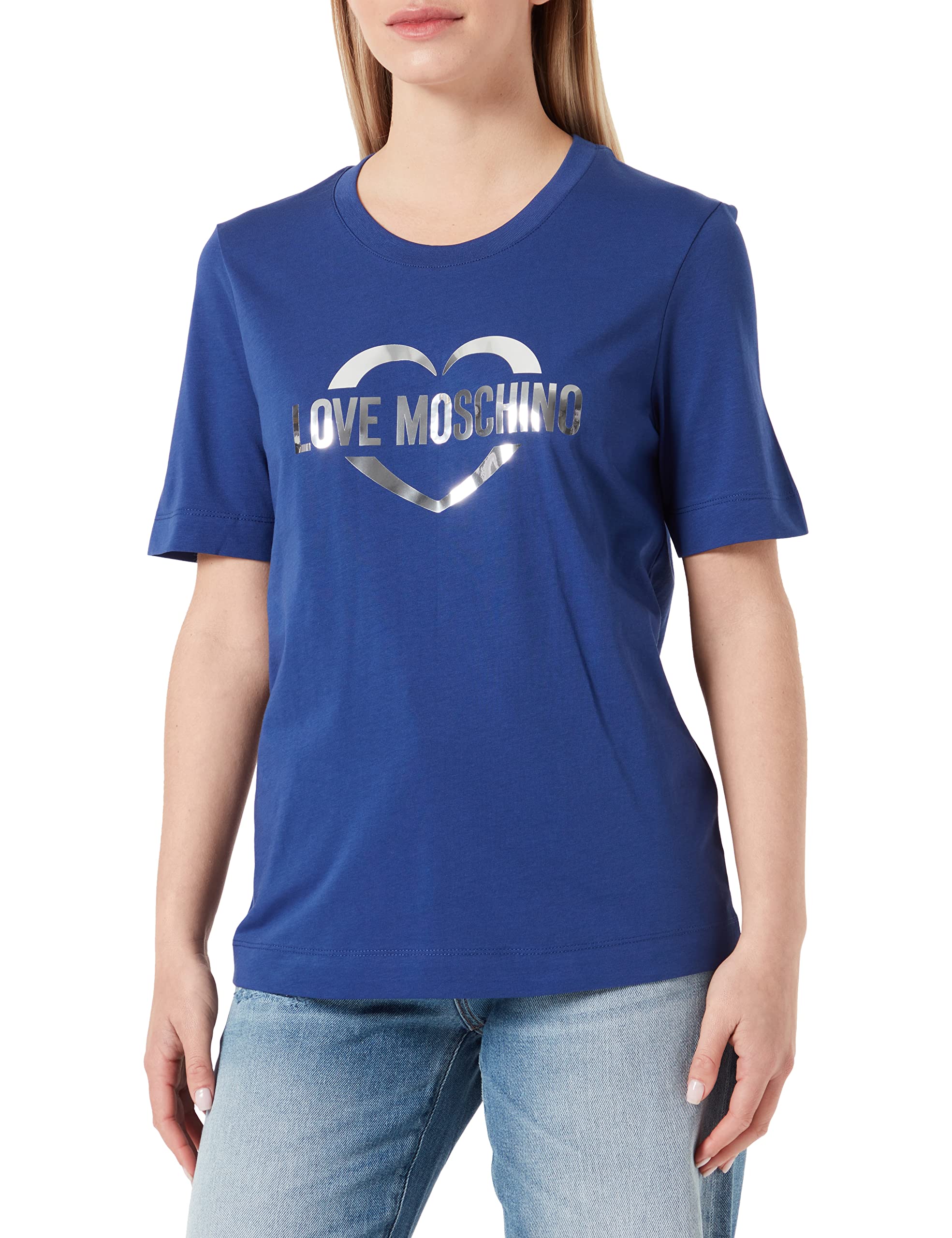 Love Moschino Women's T-Shirt with Heart Print in Silver Foil