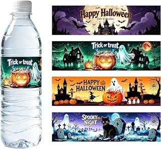 48 Pcs Waterproof Halloween Water Bottle Sticker Wrappers, Pumpkin Ghost Witch Wrap Around Bottle Labels, Trick or Treat Halloween Party Ornaments Supplies, 8.7 x 2.2 Inches