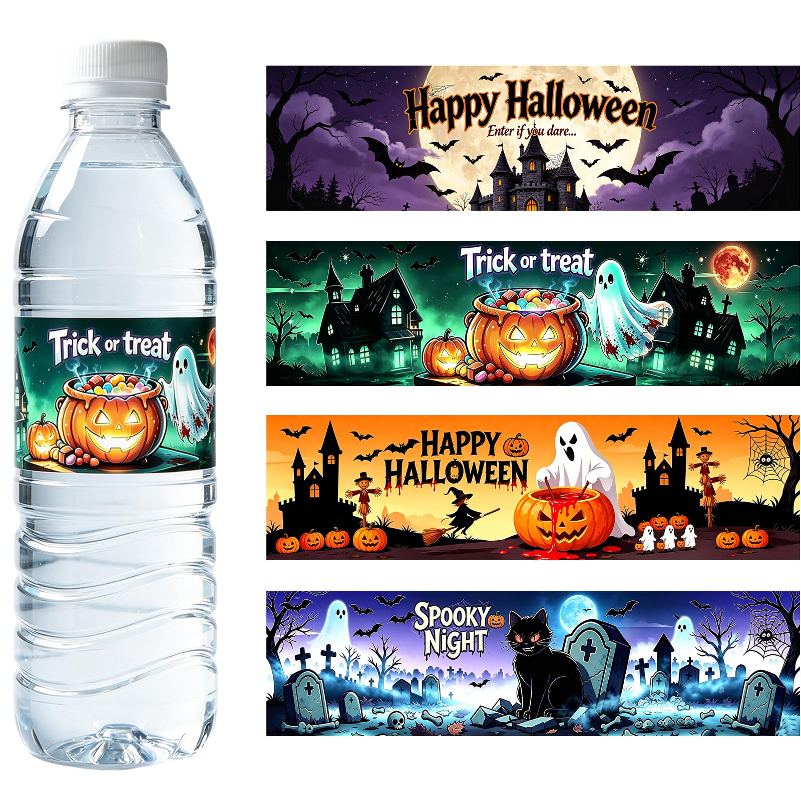 48 Pcs Waterproof Halloween Water Bottle Sticker Wrappers, Pumpkin Ghost Witch W