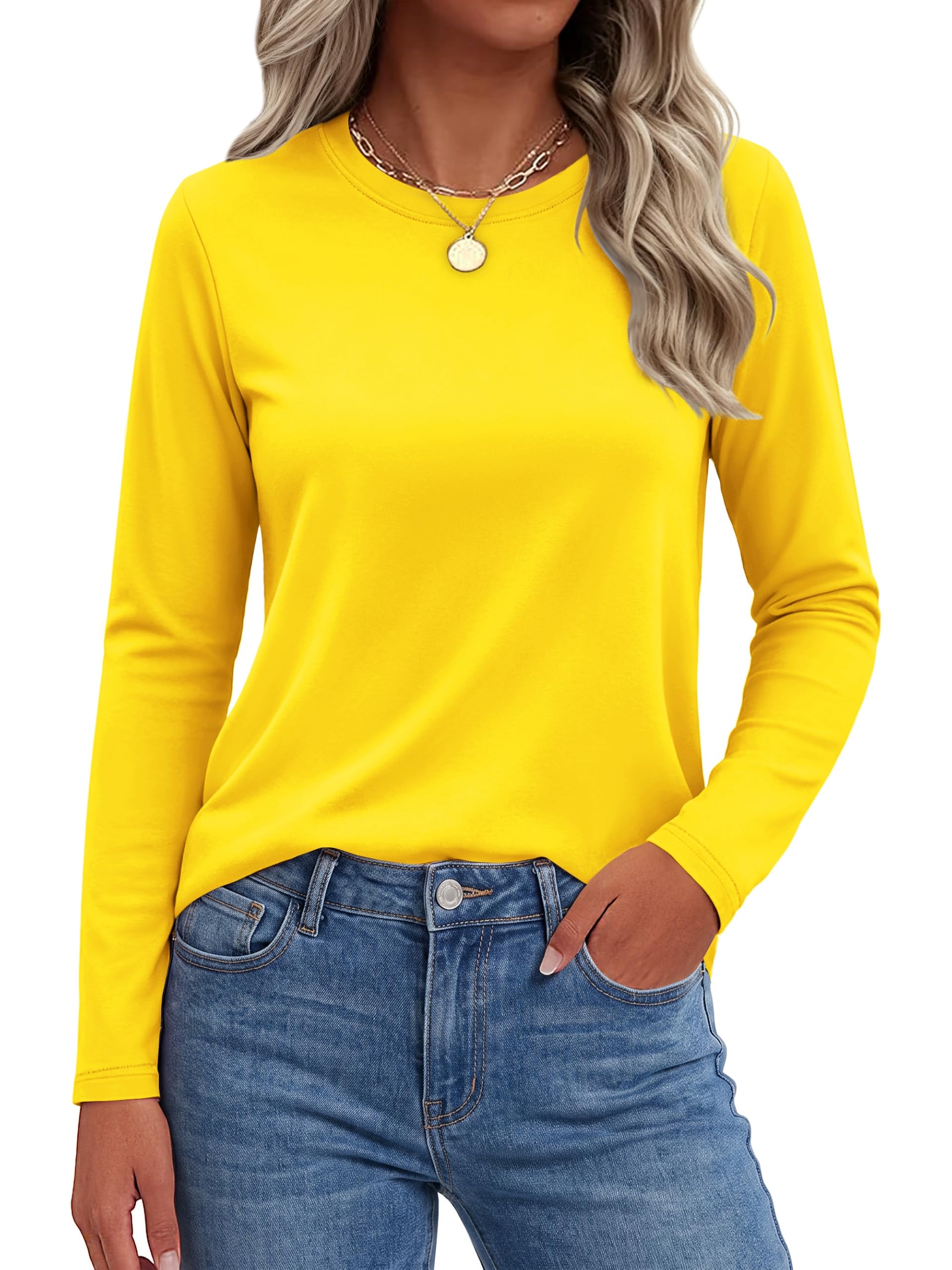 SMENG Womens Long Sleeve Shirt Cotton Blend Crewneck | Basic Tops, Soft, UPF50+,