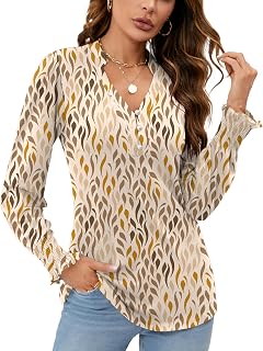 Rapbin Women V Neck Blouses Long Sleeve Button Down Long Sleeve Blouses Autumn Tops 2025 Ruffle Cuffs Elegant Casual T Shirts