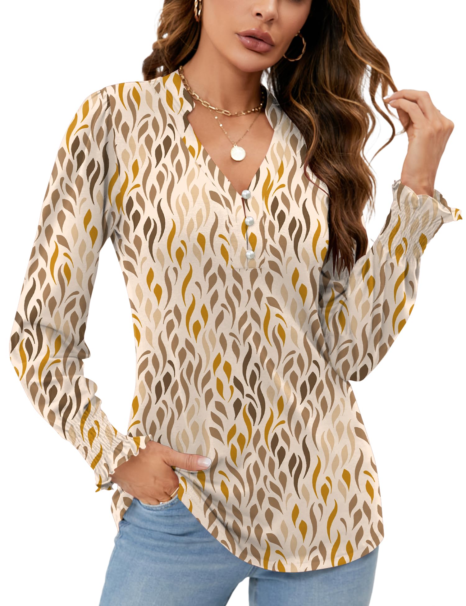 Rapbin Women V Neck Blouses Long Sleeve Button Down Long Sleeve Blouses Autumn T