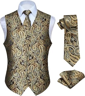 HISDERN Men's Vest Tie Set 3 Pieces Formal Waistcoat Paisley Floral Jacquard Tie Pocket Square Suit Vest Wedding Party