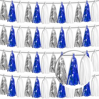 4P Navy Blue White Silver Tassel Banner Garland Metallic Foil Fringe Banner Tinsel Tassels Streamer Banner Backdrop for Parade Floats, 2027 Graduation Decorations, Retirement Party Decorations