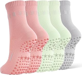 FITFEL 5 Pairs Pilates Socks Yoga Crew Socks with Grips for Women Non Slip | Ballet Sticky Socks With Bottom Grippers for Studio Reformer Workout & Barre, Dance, Home or Hospital