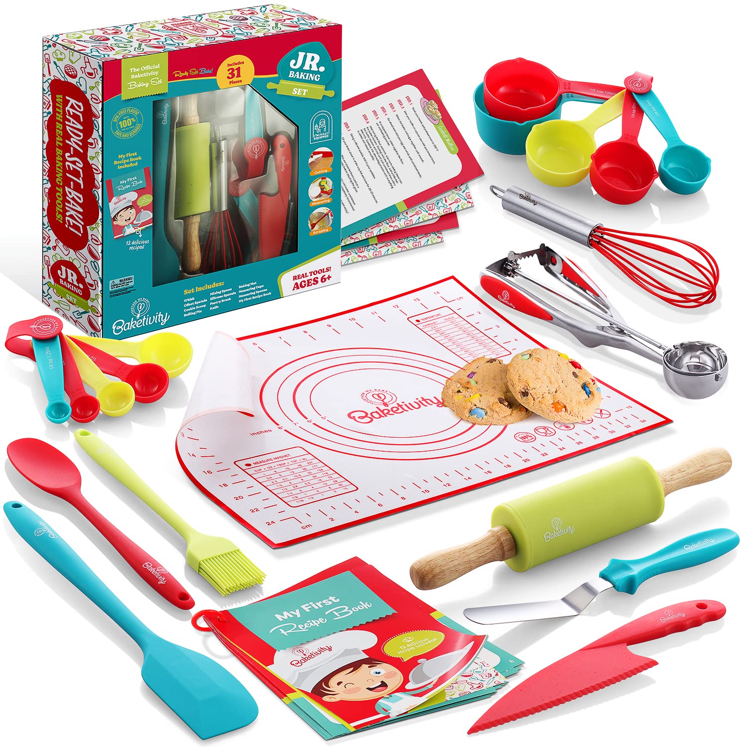 Baketivity 31-Piece Kids Baking Tools Set for Young Chefs | Real Utensils for Ch