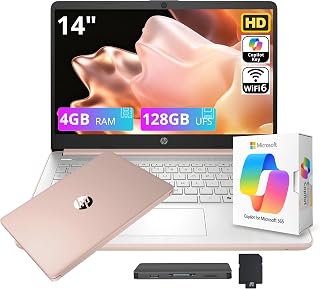 HP Stream 14" HD Student&Business Laptop with AI Copilot, Intel Processor N150, 4GB RAM, 128GB UFS&1TB Cloud Storage, 1 Year Office 365, Intel Graphics, Wi-Fi 6, Win 11, Pale Rose Gold