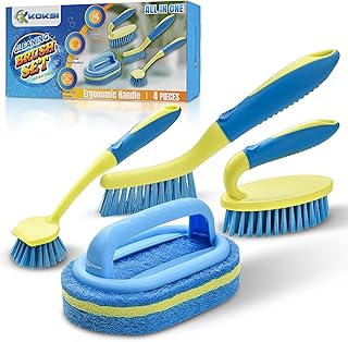Scrub Brush Set for Bathroom Kitchen Bathtub Toilet Deep Cleaning Brush Tools All Purpose Cleaner Sponge Scrubbing Brushes with Ergonomic Handle, 4-Piece
