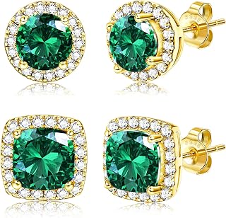 18K Gold Plated Halo Stud Earrings 925 Sterling Silver Cubic Zirconia Stud Earrings Round Square Diamonique Stud Earrings Set for Women Men