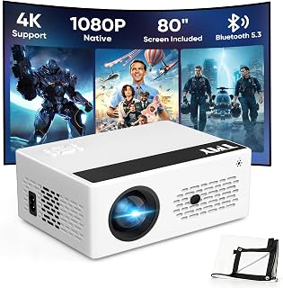 TMY Native 1080P Mini Portable Projector, 2-way Bluetooth, with 80in Screen | 4K Support, 15W Powerful Speaker, Indoor/Outdoor Movies, Zoom & Timer Shutdown, TV Stick/Phone/PC/PS5/DVD/HDMI/USB Compatible