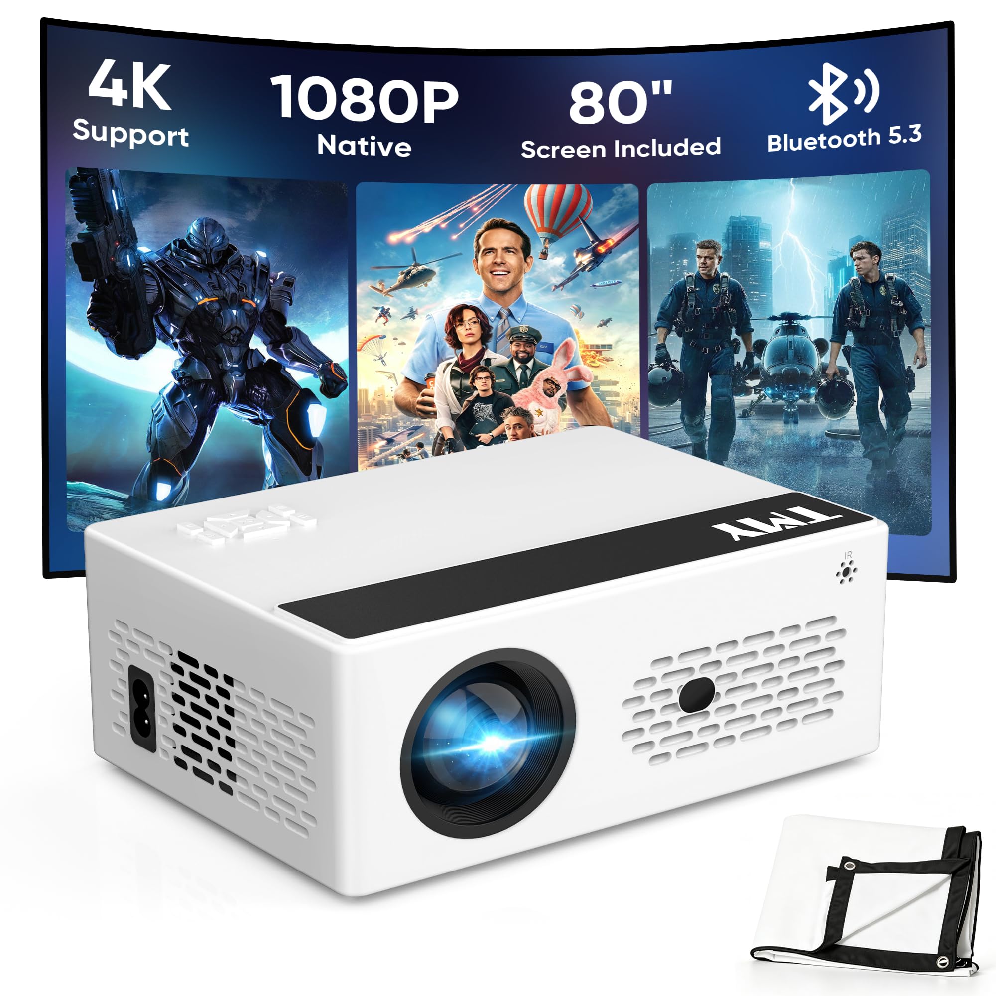 TMY Native 1080P Mini Portable Projector, 2-way Bluetooth, with 80in Screen | 4K