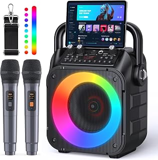 Karaoke Machine with Two Wireless Microphones, Portable Karaoke Machine for Adults & Kids, Portable Bluetooth Speaker with partybox PA System, LED Lights, Supports TF Card/USB, AUX in, FM, USB,TWS
