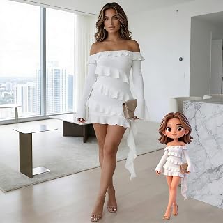 Women's Off-The-Shoulder Ruffle Mini Dress Long Bell Sleeve Tiered Bodycon Dress Trendy Casaul Outfits