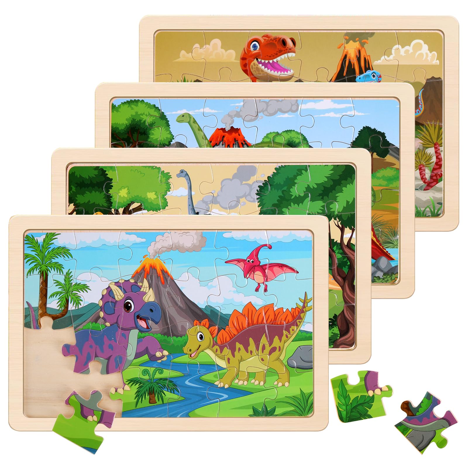 Wooden Puzzles Dinosaur Toys for Kids Ages 3-5, Set of 4 Packs with 20-Piece Woo