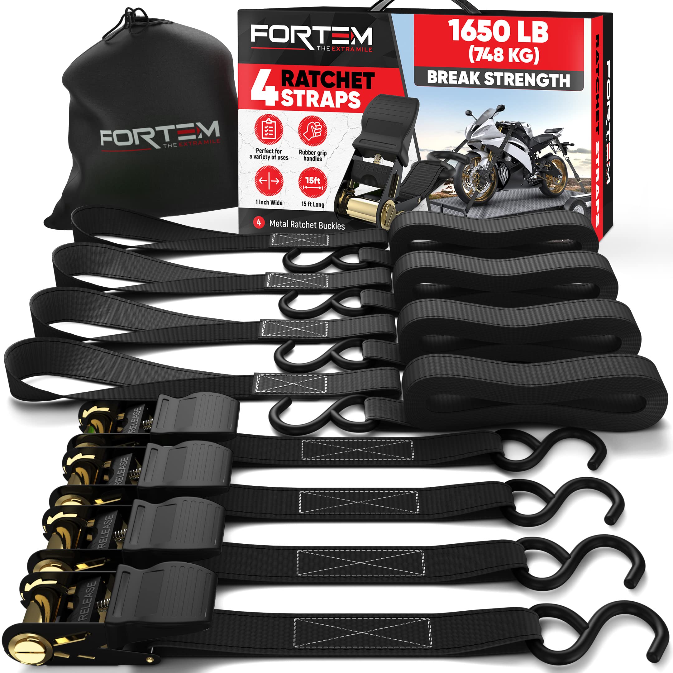 FORTEM Ratchet Straps - Tie Down Strap Set, 4 Pack, 1650lb Break Strength | Moto