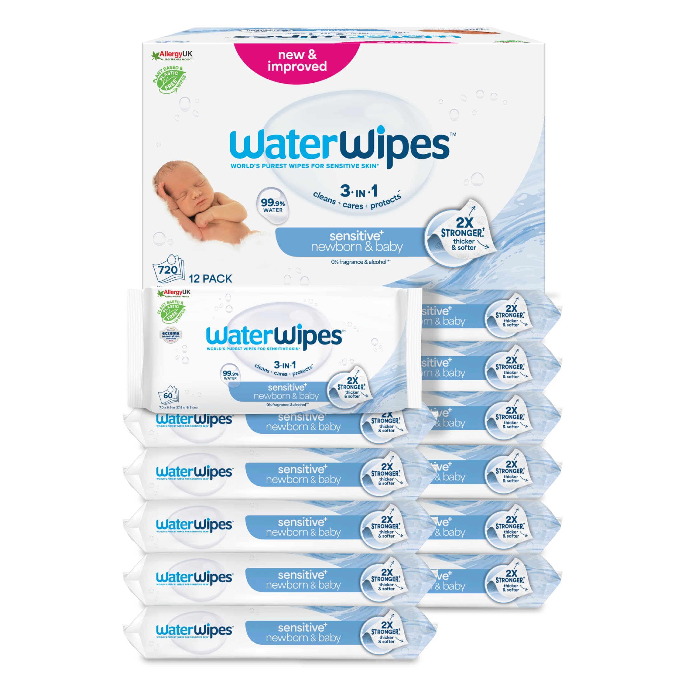 WaterWipes Sensitive+ Newborn & Baby Wipes, 99.9% Water, Unscented, 12 Pack | 3-