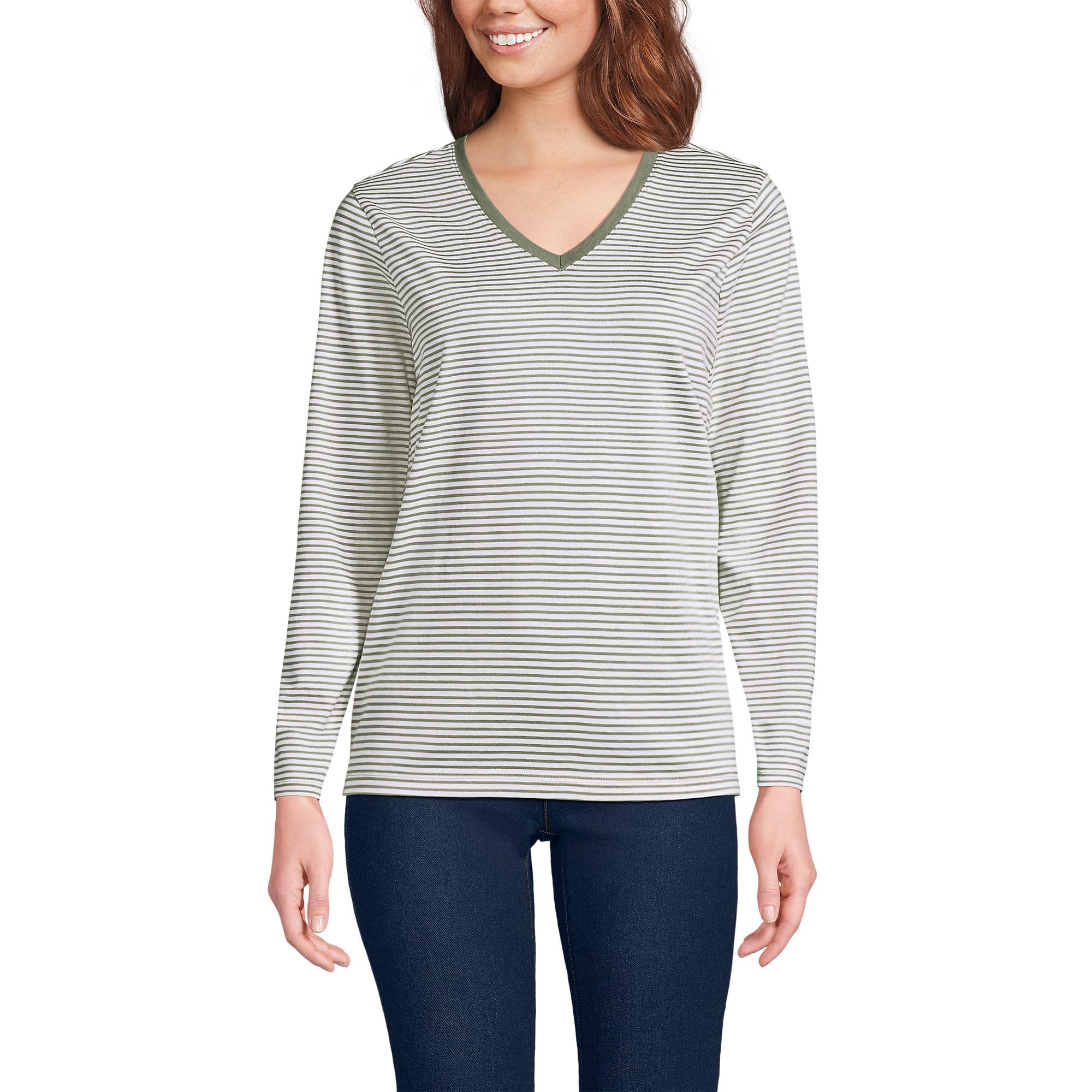 Lands' End T-Shirt a Maniche Lunghe in Cotone Supima da Donna - Scollo a V Rilas