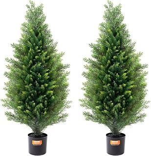 VEVOR Artificial Topiary Cedar Tree, 36 inch Tall (2 Pieces), with Extra Leaves & Pot Faux Evergreen Fake Pine Cypress Trees Plant, UV Rated Artificial Greenery Set for Home Decor Indoor/Outdoor