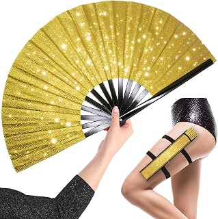 OMyTea Glittering Large Rave Clack Popping Fan for Line Dancing with Holster - 13" Boots on the Floor, Foldable Hand Fan - for EDM, Music Festival, Hot Flashes, Party Decoration (Golden