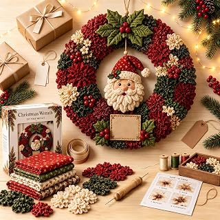 Christmas Wreath Making Kit 3D Fabric Poke Art Kit for Adults (Santa) | Fabric Decorating Kit, Guided Christmas Craft Activity, Handmade Wreath Project, Door and Wall Holiday Display