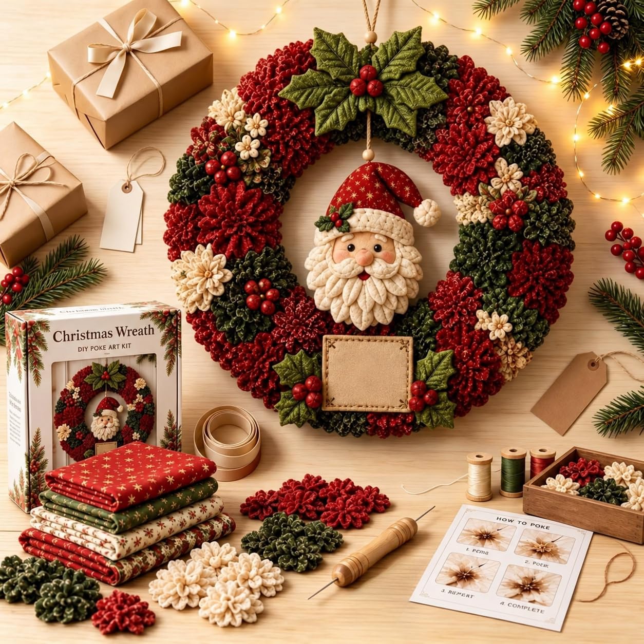 Christmas Wreath Making Kit 3D Fabric Poke Art Kit for Adults (Santa) | Fabric D