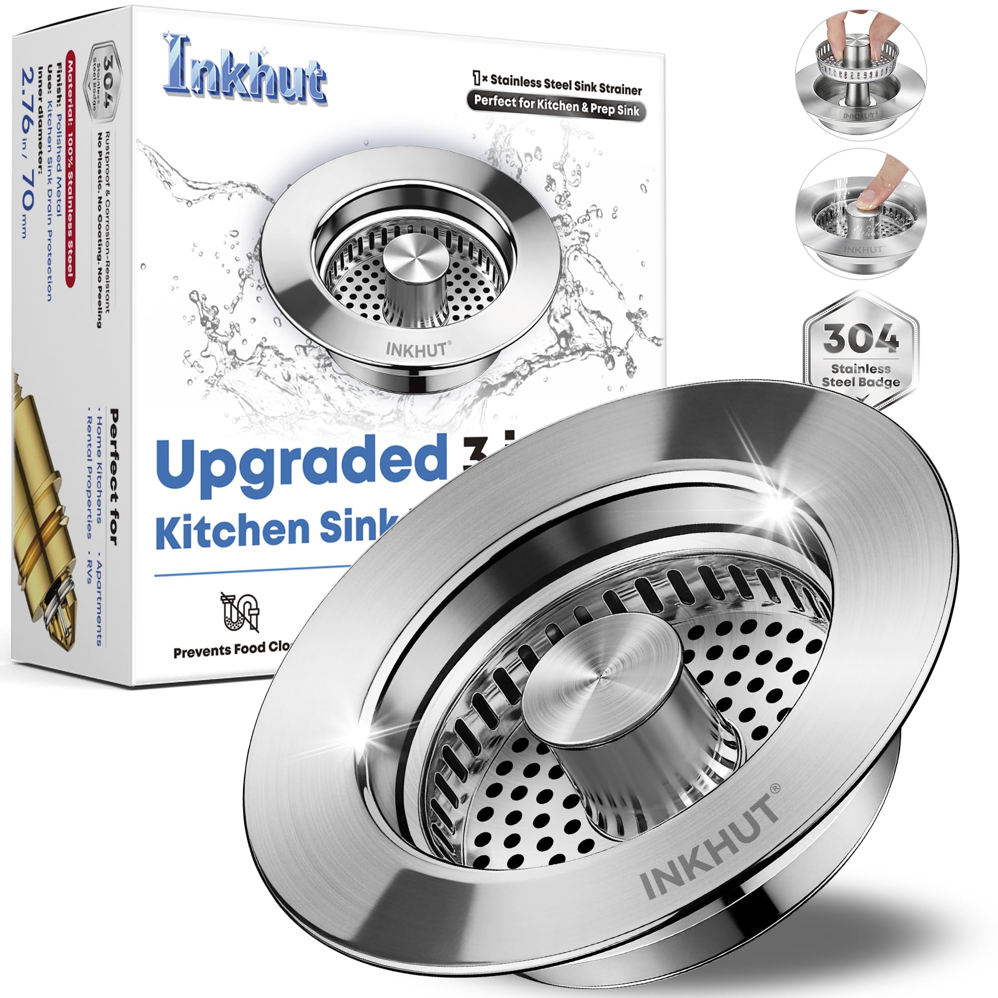 Upgraded 3 in 1 Kitchen Sink Drain Strainer | Stainless Steel Sink Stopper, Anti