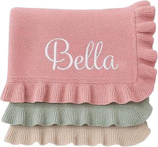 Nonnie Personalized Ruffle Baby Blanket with Name, Custom Embroidered Knit Newborn Wrap for Girls Boys, Soft Nursery Stroller Blanket, Customized Gifts Baby Shower Keepsake, Infant Photo Prop
