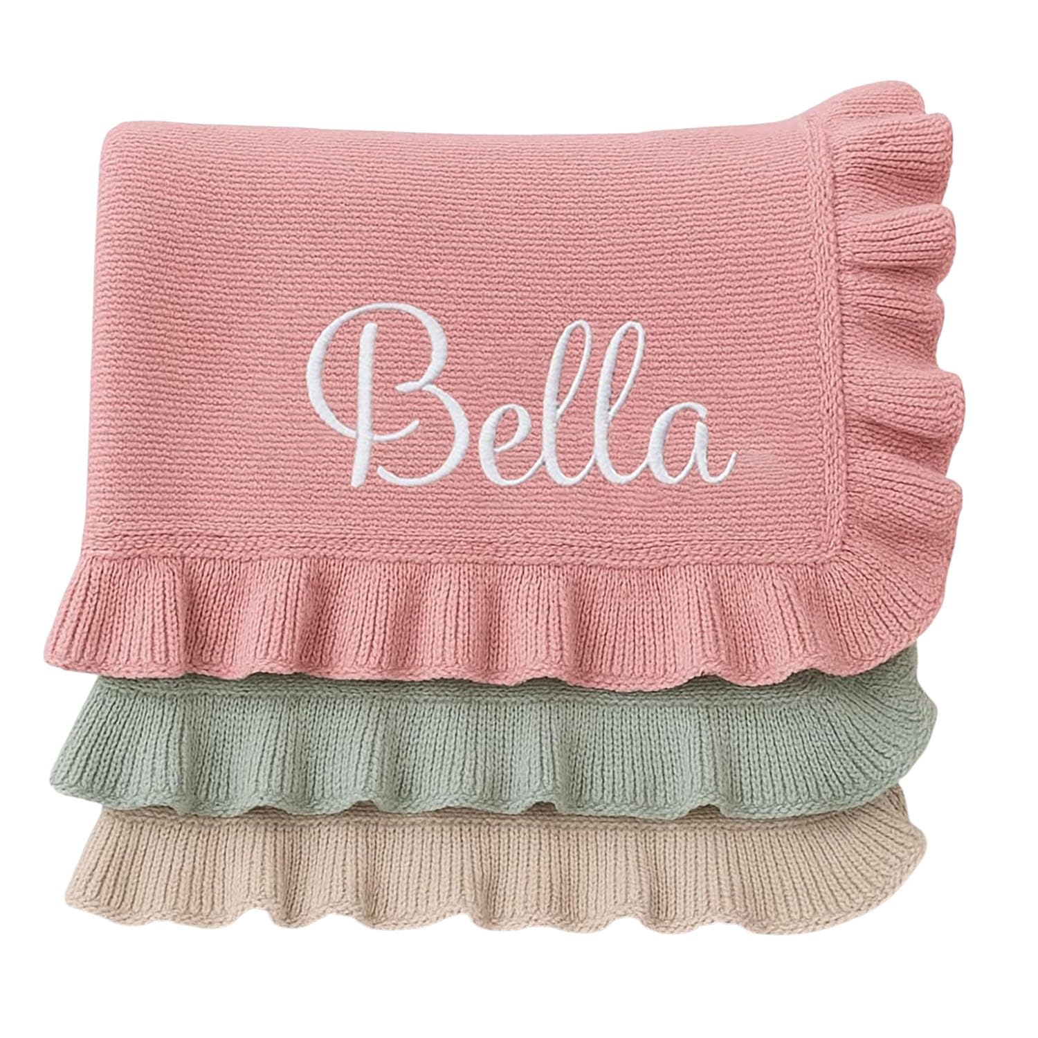Nonnie Personalized Ruffle Baby Blanket with Name, Custom Embroidered Knit Newbo