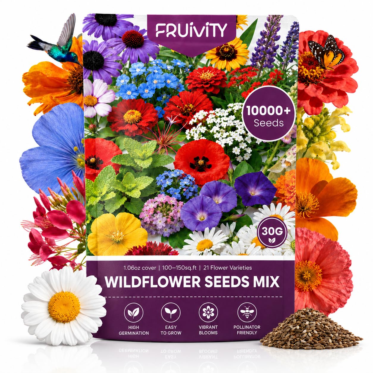 Wildflower Seeds Bulk 10000+, 1.06oz Butterfly Hummingbird Mix, 21 Variety Peren