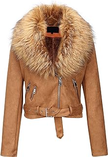 Bellivera Women's Faux Leather Trench Coat Fleece Lined Mid Length Jacket with Detachable Fur Collar