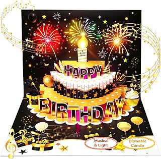 Birthday Cards, 3D Pop up Happy Birthday Card with Music&Light | Fireworks Birthday Card with Blow-out Candle, Birthday Gifts Card for Women Men Husband Wife Kids Friends