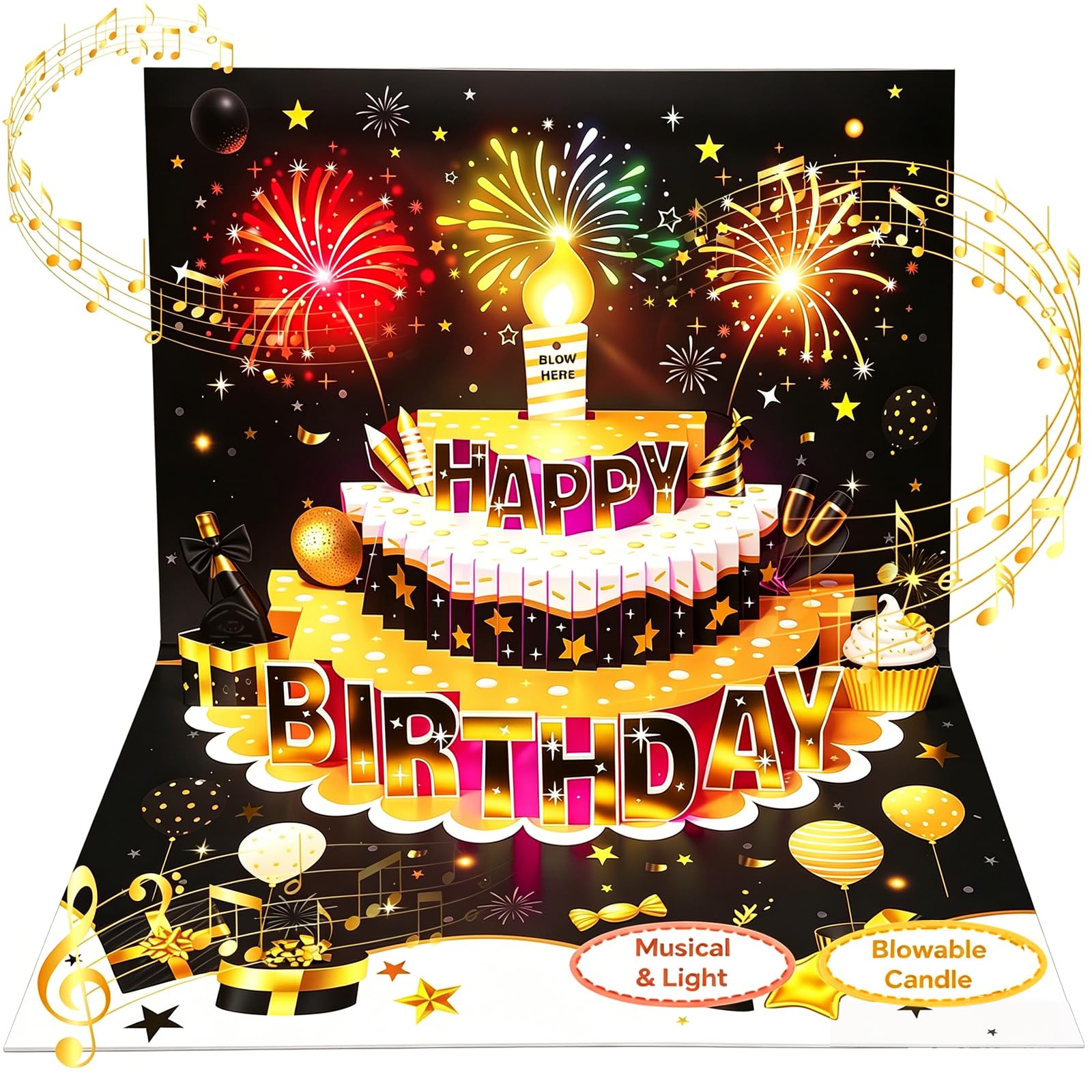 Birthday Cards, 3D Pop up Happy Birthday Card with Music&Light | Fireworks Birth