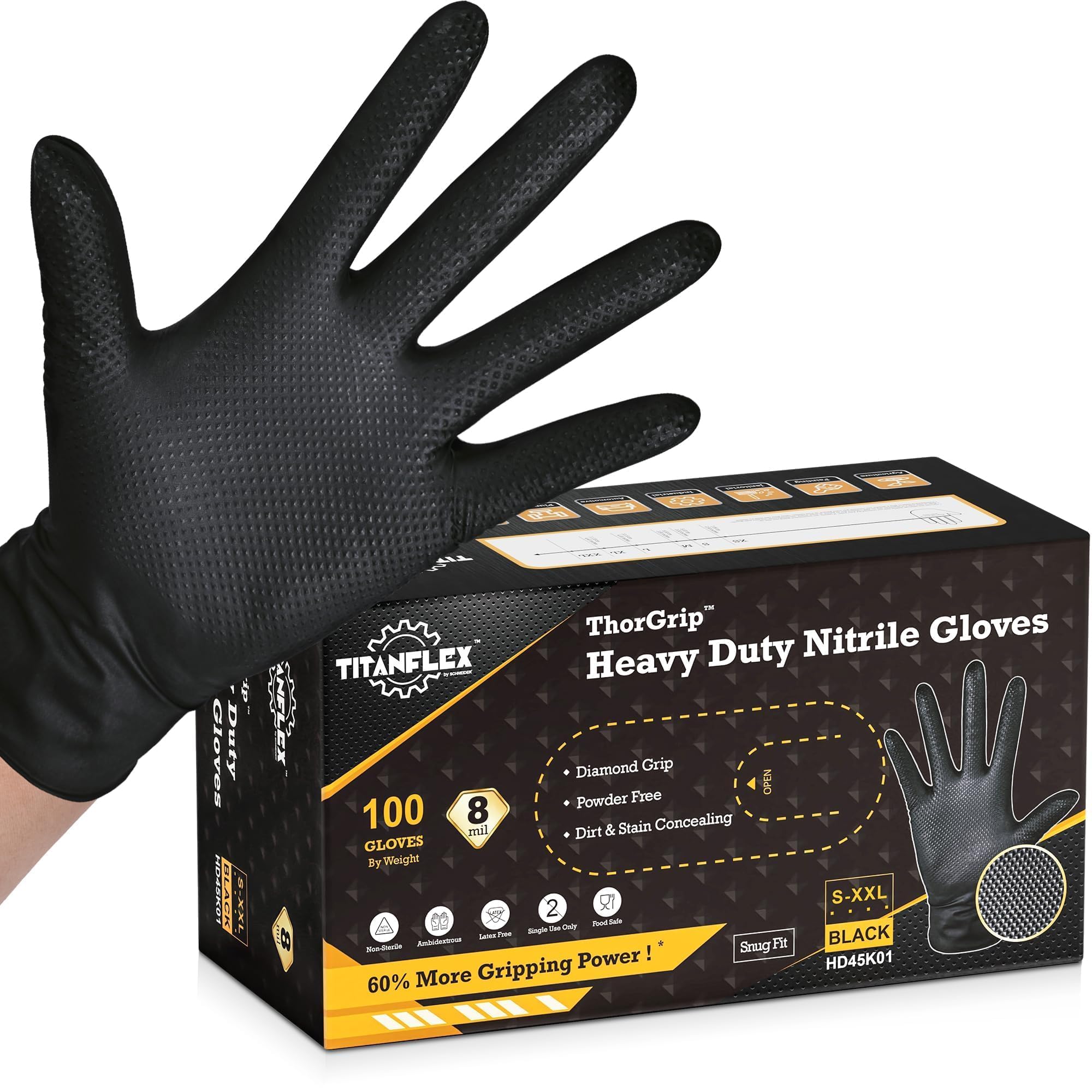 TitanFlex Heavy Duty Black Industrial Nitrile Gloves with Raised Diamond Texture