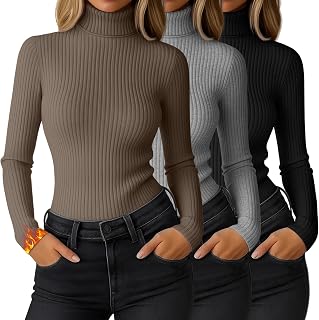 Ficerd 3 Pack Women's Ribbed Thermal Turtleneck Long Sleeve Tops