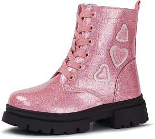Tobfis Kids Girls Fashion Shiny Combat Work Boots Side Zipper Ankle Boots(Toddler/Little Kid/Big Kid)