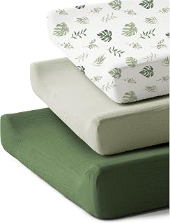 Coreeky 3 Pack Muslin Changing Pad Covers for Baby Boys and Girls | 100% Cotton, Soft &amp; Breathable, Easy to Put On &amp; Off, Machine Washable, Baby Nursery Diaper Changing Table Sheet (Leaf)