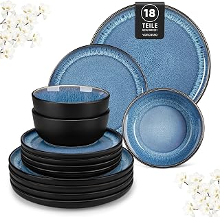 vancasso BEACH Complete Crockery Set for 6 People, Modern 18 Stoneware Pieces – 6 Dinner Plates, Dessert Plates and Bowls, Dishwasher Safe – Reactive Enamel Blue