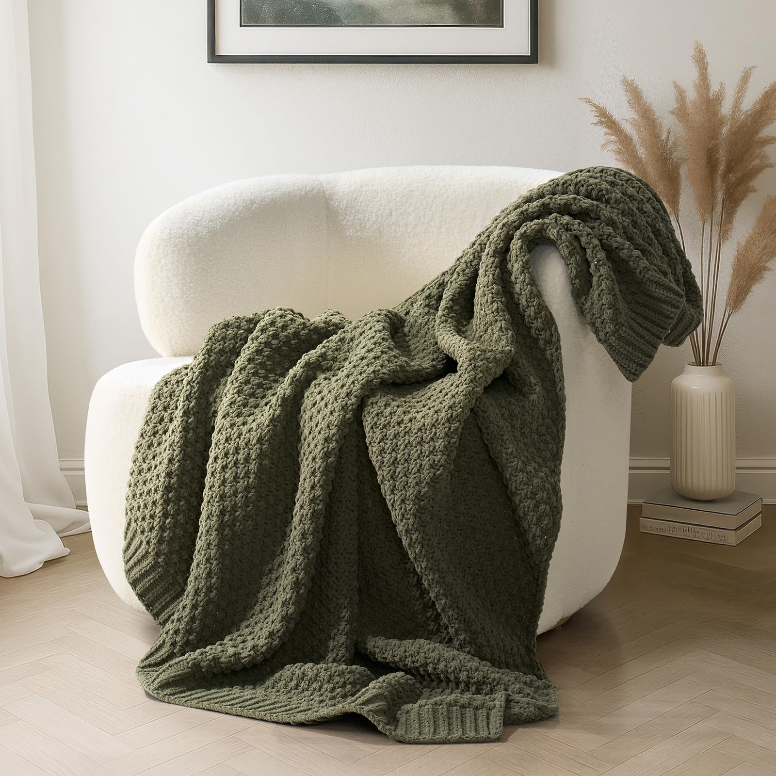 EVERGRACEHOME Chunky Chenille Knit Throw Blanket, 50 x 60, Olive Green | Sculpte