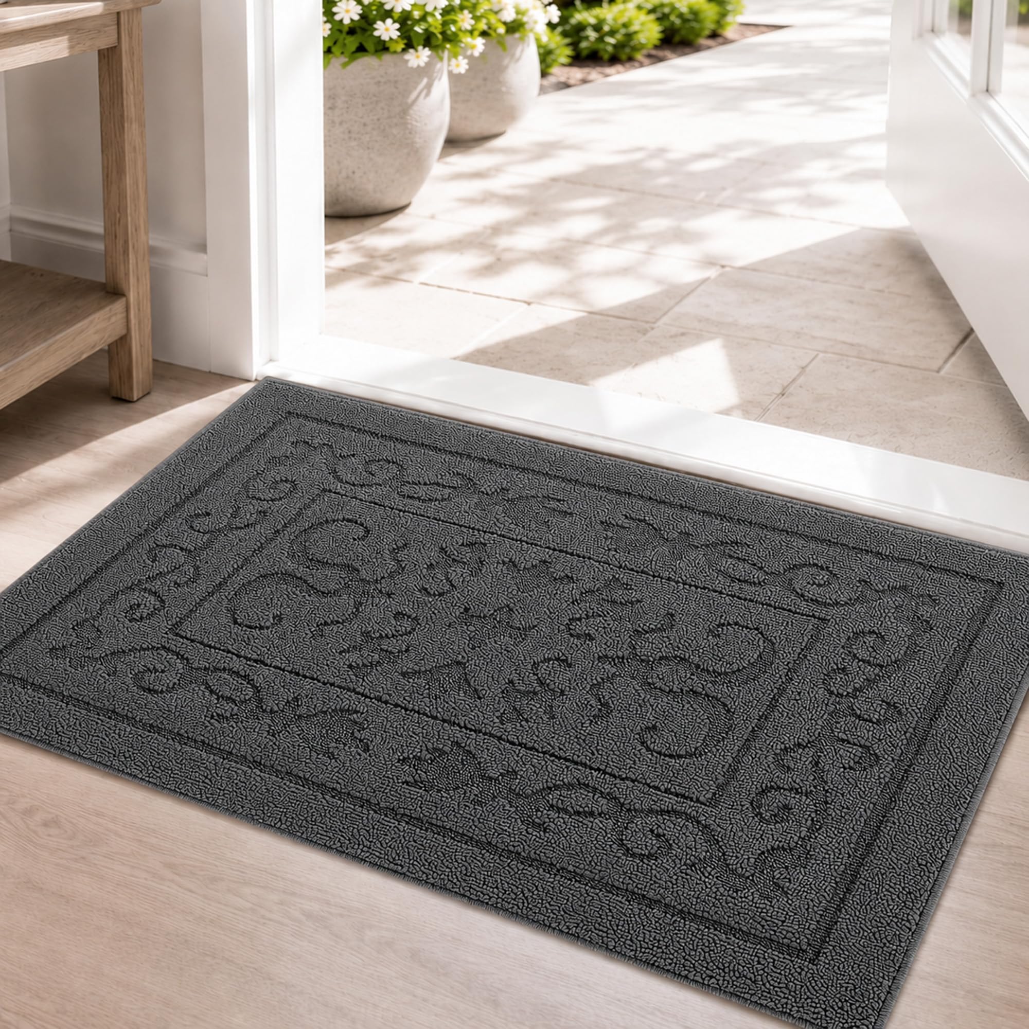 FONEYI Dirt Trapper Door Mat 24" x 36", Non-Slip Washable Doormats, Grey