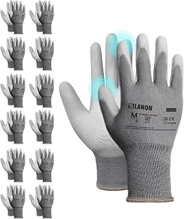 LANON Work Gloves for Men and Women, 12 Pairs PU Coated, Grey, Large
