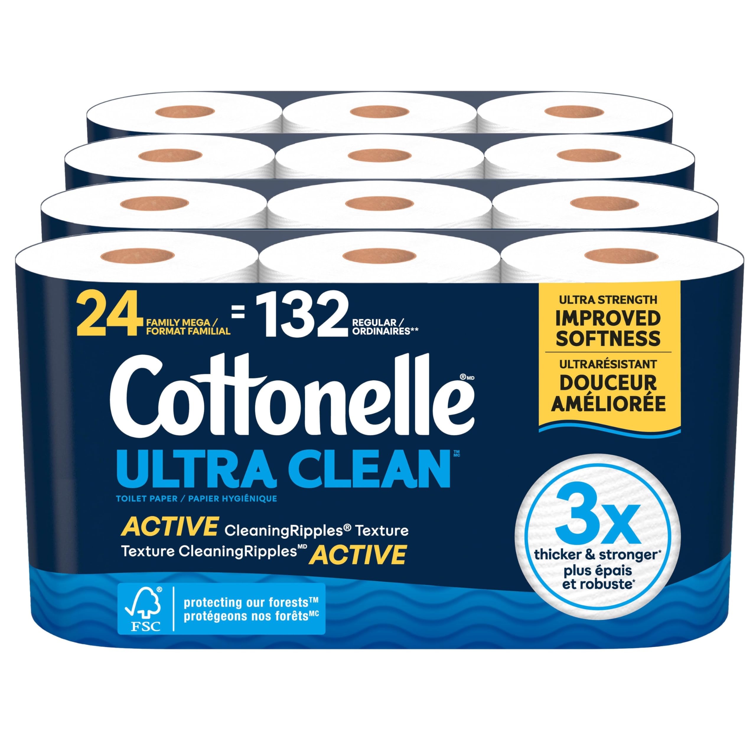 Cottonelle Toilet Paper, 24 Family Mega Rolls = 132 Regular Rolls (4 Packs of 6)
