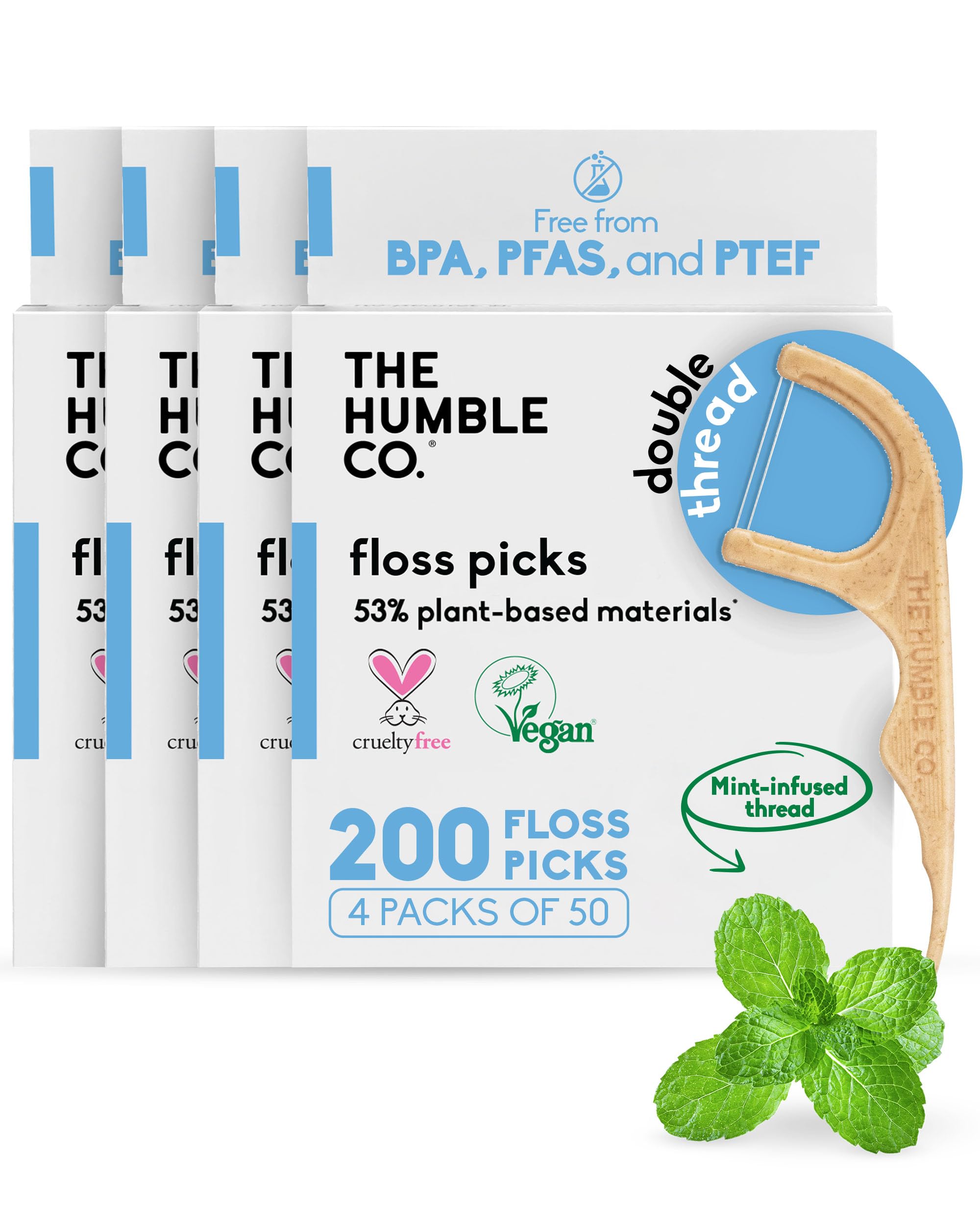The Humble Co. Dental Floss Picks, Double Thread, Mint (200 Count) | Tooth Picks