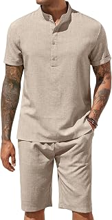 COOFANDY Men's 2 Pieces Set Short Sleeve Henley Shirts and Shorts Set Texture Summer Beach Vacation Outfits