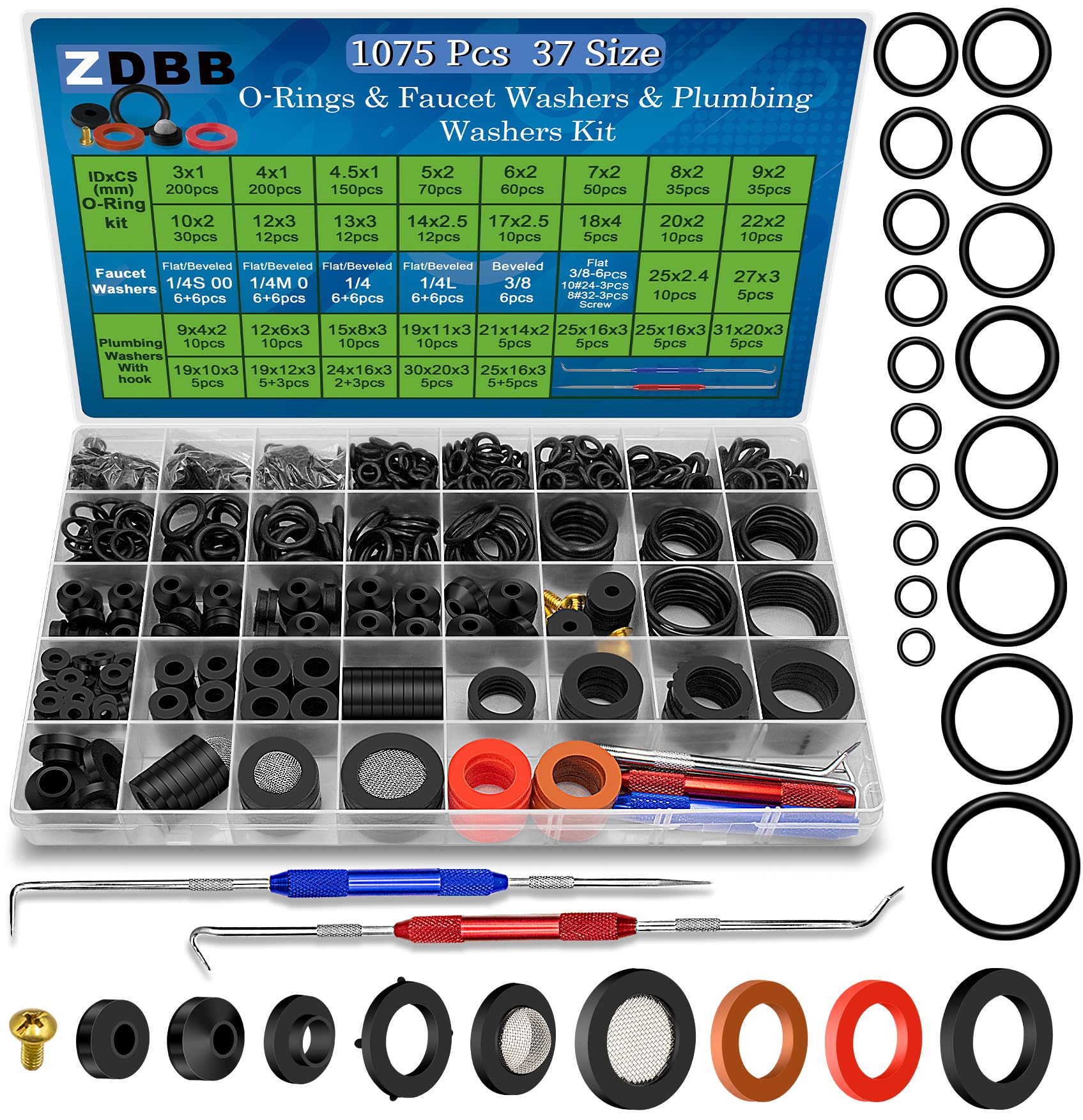 1075 Pcs 3-in-1 Spigot Repair Washers & Hose Gasket & Faucet O-Rings Kit | 37 Si